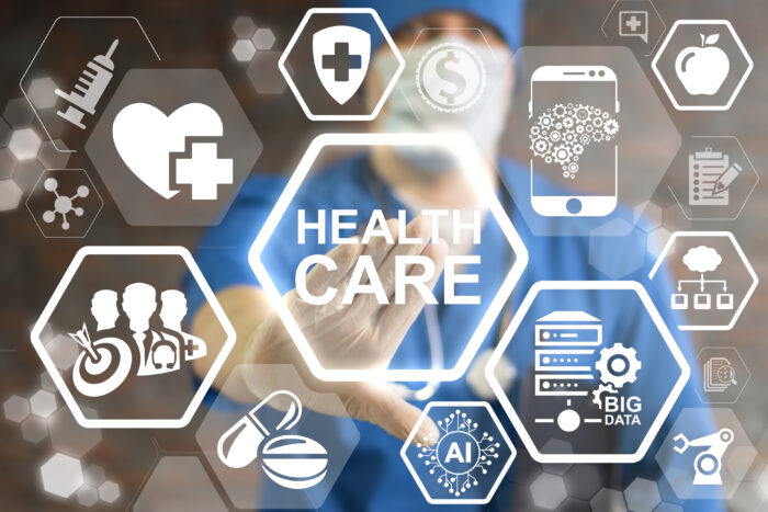 healthcare on a transparent screen with other healthcare icons and symbols